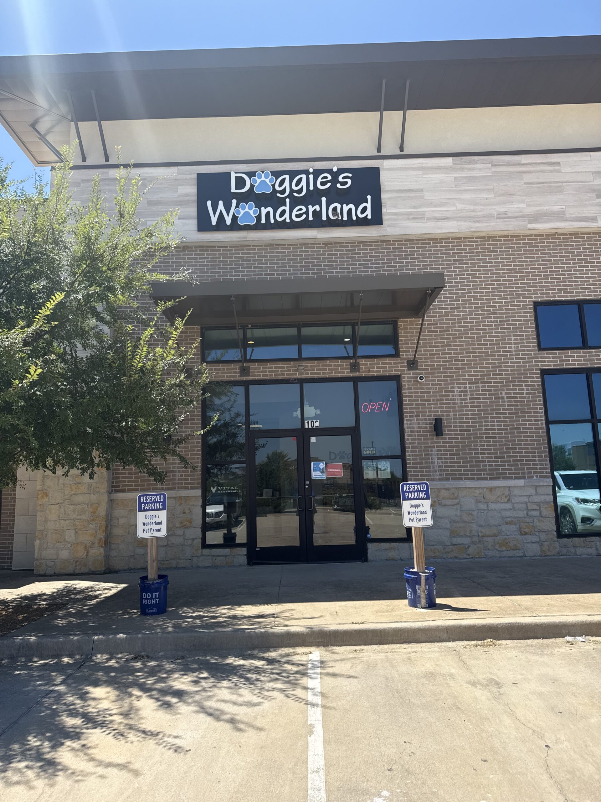 Front of Doggie's Wonderland pet store with brick facade, blue paw print sign, glass doors, and nearby 'Reserved Parking' signs in the lot.