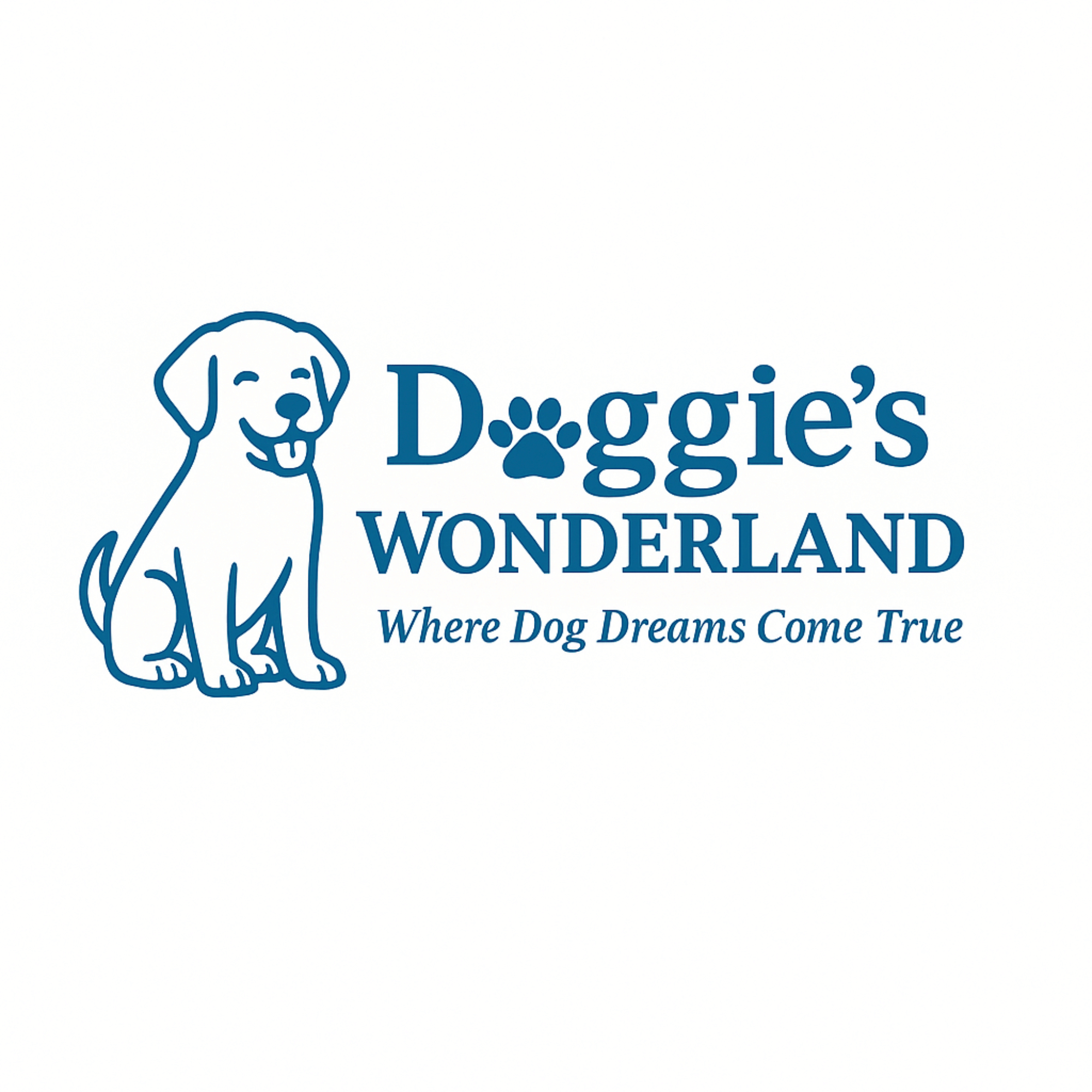 Logo for Doggie's Wonderland: blue outline dog beside the text 'Doggie's Wonderland' and the tagline 'Where Dog Dreams Come True'
