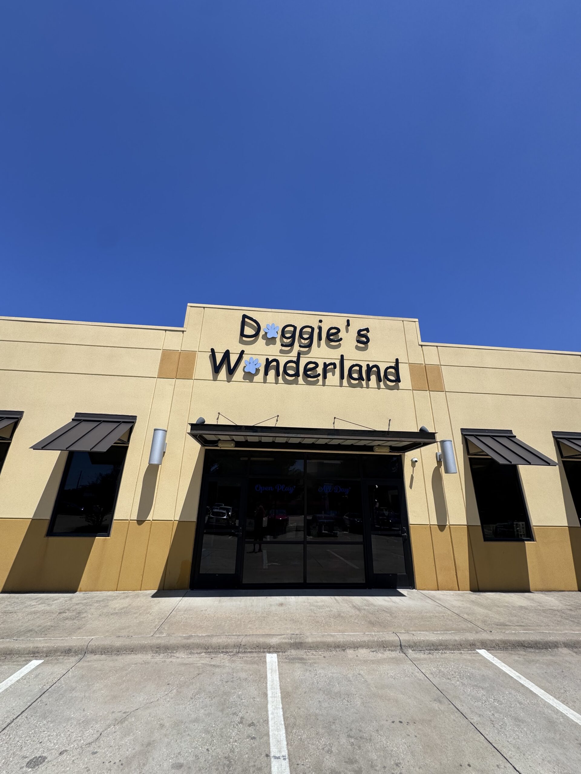Doggie's Wonderland storefront sign on a beige building with paw-print decorations and a clear blue sky above